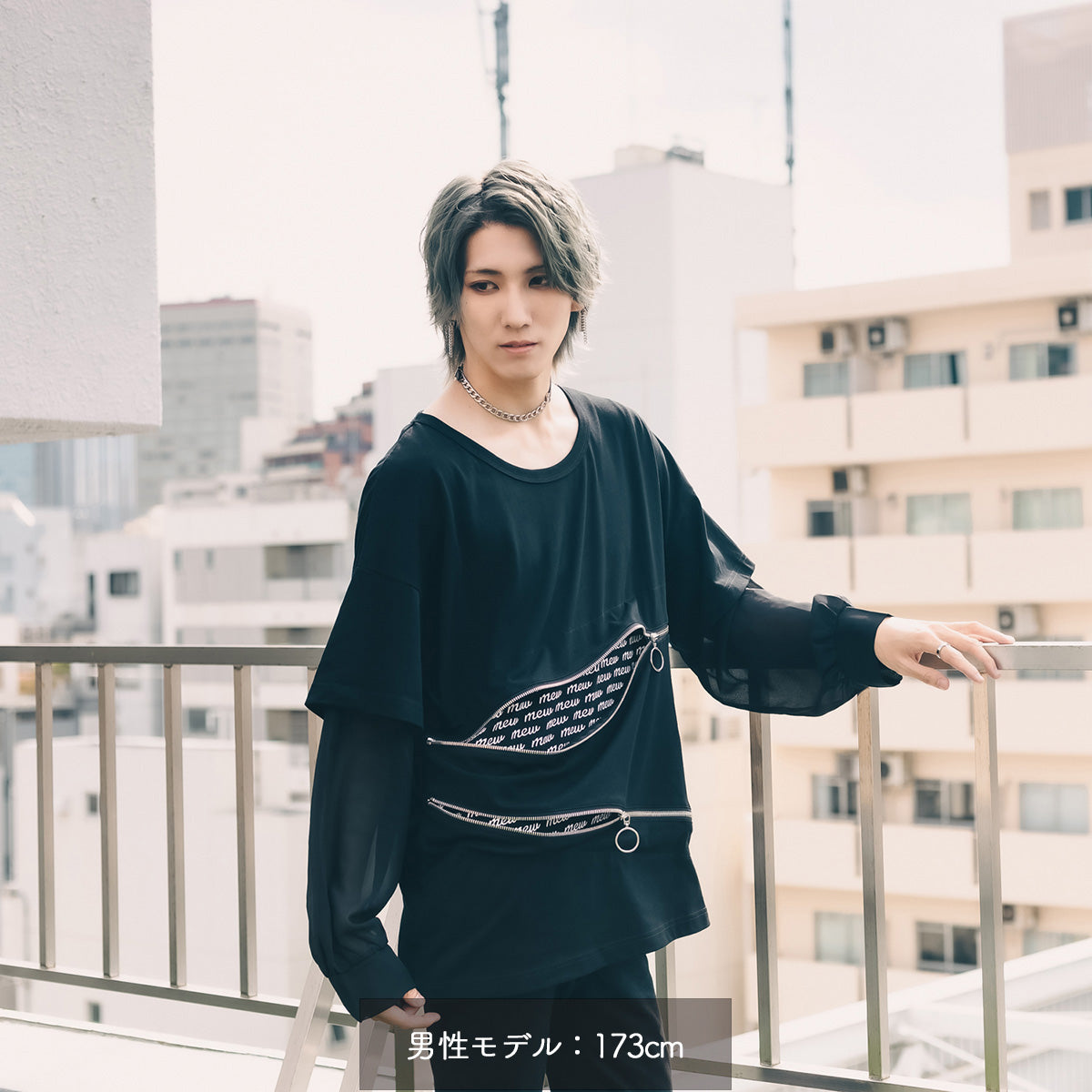 mew】ZIPレイヤードL/S Tシャツ(BLK)